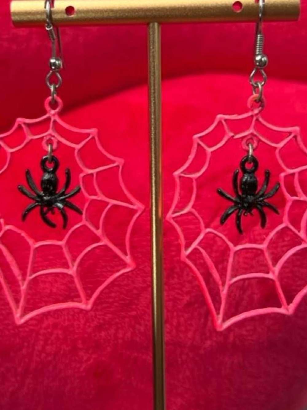 Hot Pink spider web earrings with black spider charm